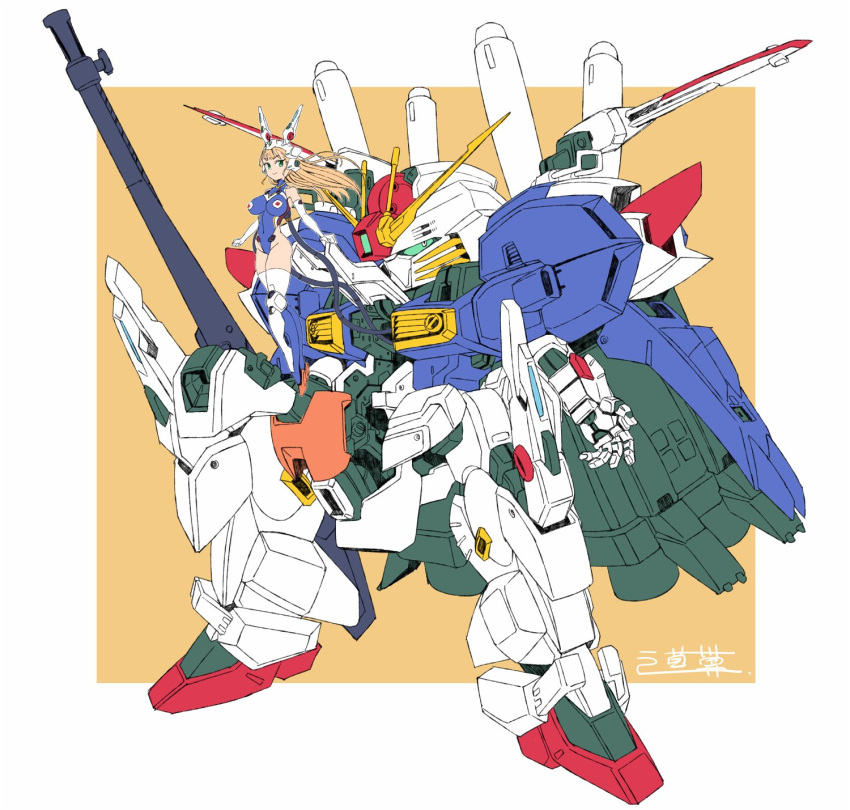 1girl blonde_hair boots breasts eyebrows_visible_through_hair floating_hair green_eyes gun gundam gundam_sentinel highres holding holding_gun holding_weapon large_breasts leotard looking_at_viewer mecha mechanical_ears michi_kuso open_hand original pilot_suit s_gundam sd_gundam skin_tight smile thigh-highs thigh_boots v-fin v-shaped_eyebrows weapon wire