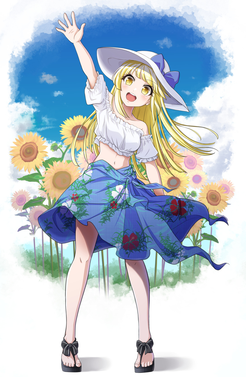 1girl :o absurdres arm_up bang_dream! bangs bare_shoulders black_footwear blonde_hair blue_bow blue_sarong blush bow breasts carmen_(user_fyvs3542) crop_top day eyebrows_visible_through_hair field flower flower_field full_body hat hat_bow head_tilt highres leaning_to_the_side long_hair looking_at_viewer medium_breasts midriff navel no_socks open_mouth outdoors round_teeth sandals sarong short_sleeves sidelocks solo standing stomach sunflower tank_top teeth tsurumaki_kokoro waving_arm white_headwear white_tank_top yellow_eyes