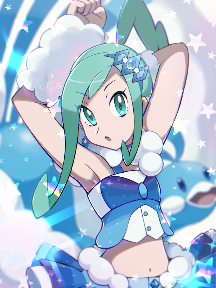 1girl :o altaria arm_behind_head arm_up armpits artist_name blurry blurry_background clenched_hand eyebrows_visible_through_hair eyelashes eyes_visible_through_hair fur_cuffs gen_3_pokemon green_eyes green_hair hair_ornament highres jeri20 lisia_(pokemon) looking_at_viewer navel open_mouth pokemon pokemon_(creature) pokemon_(game) pokemon_oras star_(symbol) watermark