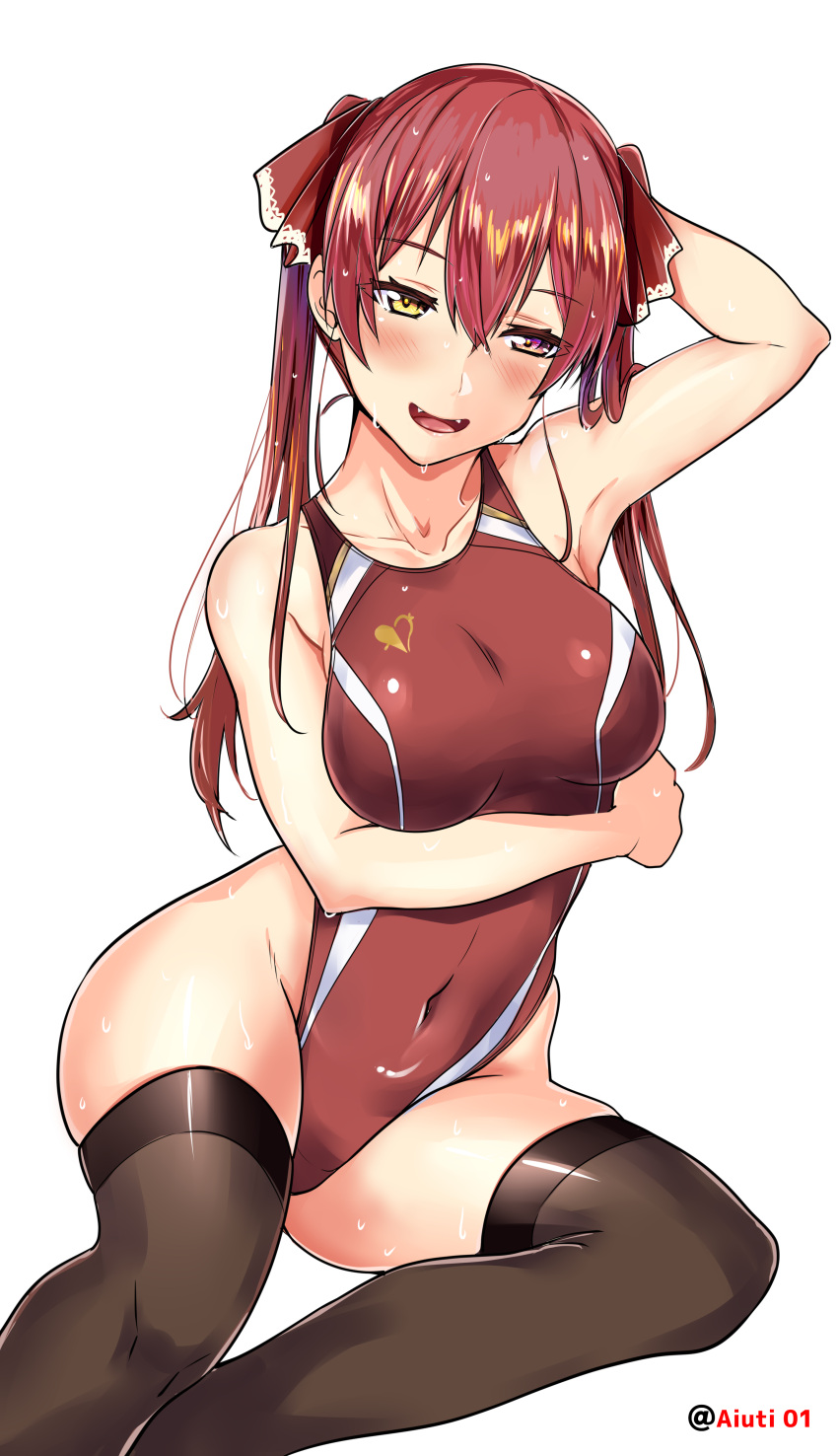 1girl absurdres aiuti bangs black_legwear breasts collarbone commentary_request competition_swimsuit covered_navel fangs heterochromia highres hololive houshou_marine long_hair medium_breasts one-piece_swimsuit red_eyes red_swimsuit redhead simple_background solo swimsuit thigh-highs twintails twitter_username wet white_background yellow_eyes