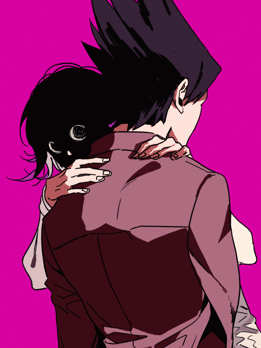2boys black_hair commentary crazy_eyes dangan_ronpa facing_away from_behind hands_on_another's_shoulders highres hug jacket jacket_on_shoulders long_sleeves looking_at_viewer looking_back male_focus medium_hair momota_kaito multiple_boys new_dangan_ronpa_v3 on_(onon2659) ouma_kokichi pink_background shaded_face shirt simple_background spiky_hair upper_body white_shirt