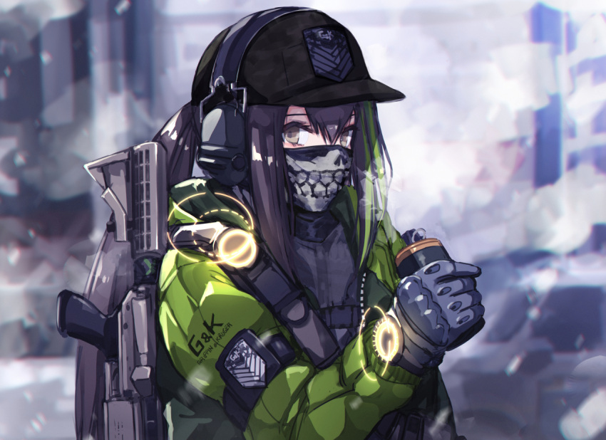 1girl abandoned alternate_costume armband assault_rifle backpack bag bangs baseball_cap black_hair black_legwear black_shorts brown_eyes building bulletproof_vest car close-up ear_protection emblem english_commentary english_text explosive eyebrows from_side girls_frontline gloves green_hair green_jacket grenade grifon_&amp;_kryuger ground_vehicle gun hat headphones holding holding_grenade holster holstered_weapon jacket looking_at_viewer m4_carbine m4a1_(girls_frontline) mishima_hiroji motor_vehicle multicolored_hair outdoors pouch radio rifle scarf scarf_over_mouth shorts sidelocks snow snowing solo standing strap tactical_clothes tom_clancy's_the_division vest_pouch watch weapon weapon_on_back