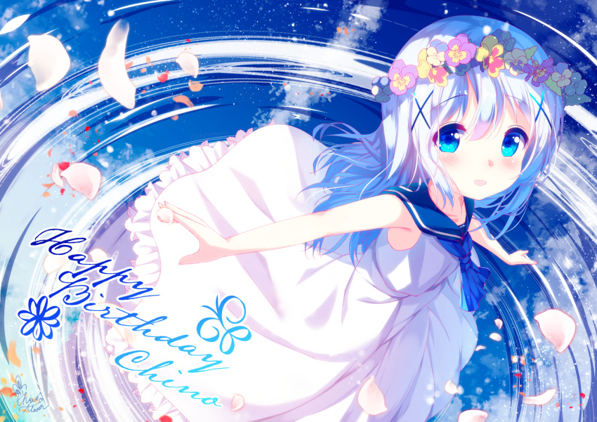 1girl :d bangs bare_arms bare_shoulders blue_eyes blue_flower blue_hair blue_sailor_collar blush character_name chinomaron commentary_request dress eyebrows_visible_through_hair flower flower_wreath frilled_dress frills gochuumon_wa_usagi_desu_ka? gradient_hair hair_between_eyes hair_ornament happy_birthday head_wreath kafuu_chino long_hair looking_at_viewer multicolored_hair open_mouth petals purple_flower sailor_collar sailor_dress signature silver_hair sleeveless sleeveless_dress smile solo white_dress white_flower x_hair_ornament yellow_flower