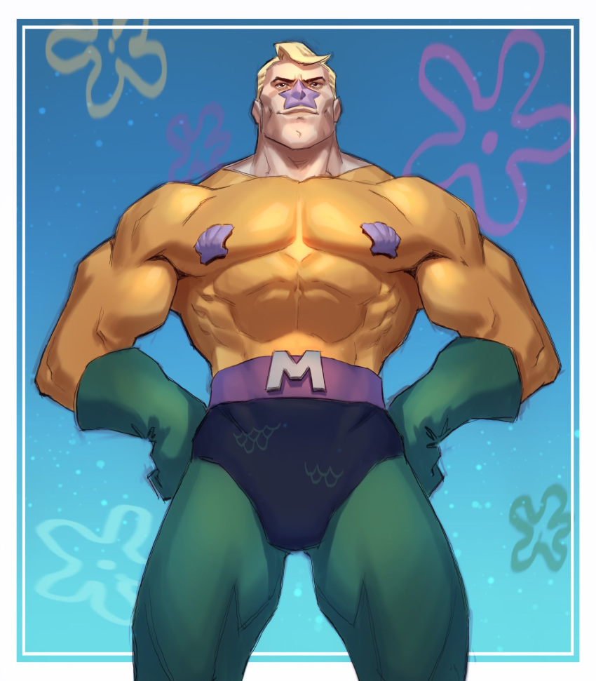 1boy abs black_eyes blonde_hair bodysuit english_commentary from_below gloves green_gloves hands_on_hips highres jeremy_anninos looking_up mermaid_man muscle nickelodeon pectorals skin_tight smile solo spongebob_squarepants superhero underwater v-shaped_eyebrows viacom younger