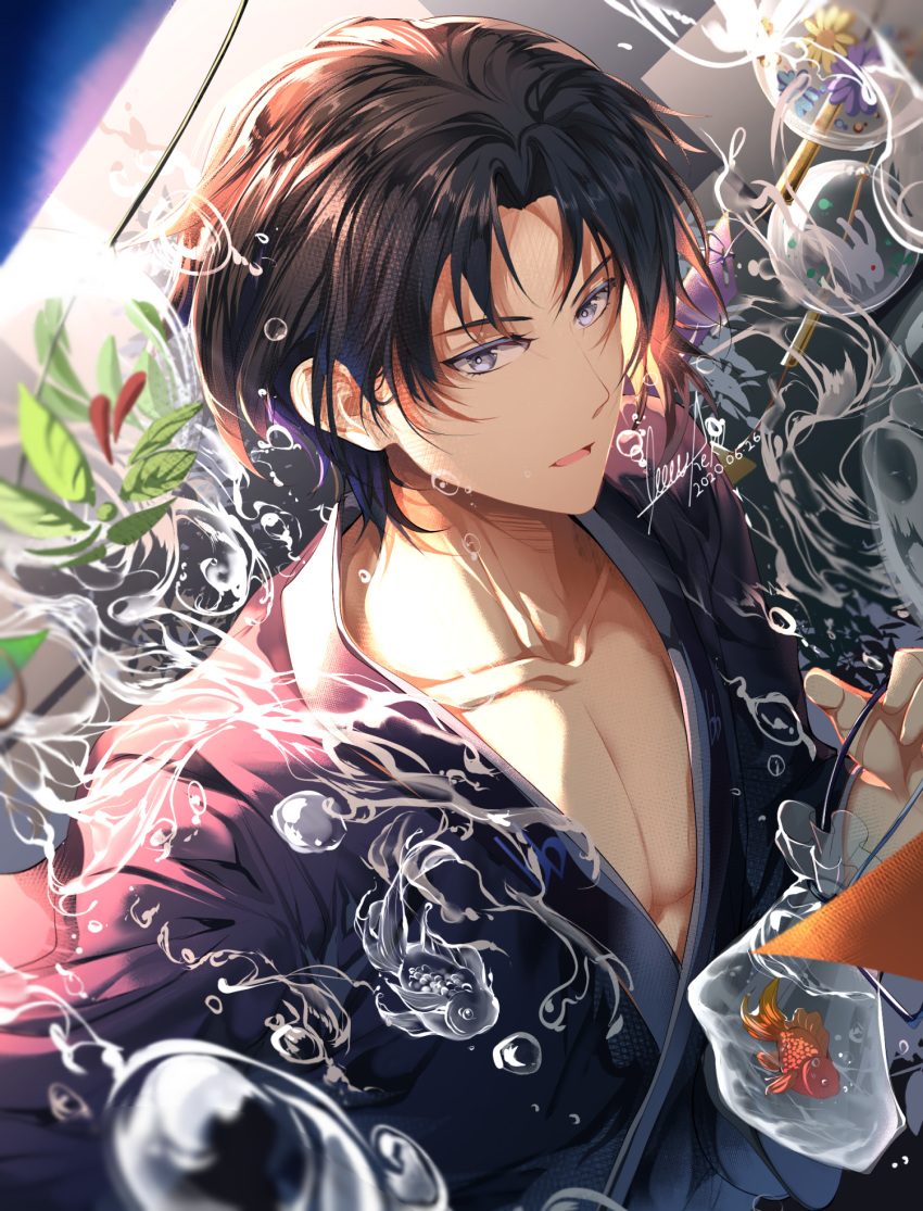 1boy bag bangs black_hair blue_eyes blue_kimono bubble collarbone dated fish goldfish highres holding idolish_7 izumi_iori japanese_clothes kimono looking_at_viewer male_focus open_mouth parted_bangs pectorals plastic_bag reku_(pixiv3677982) short_hair signature solo summer_festival upper_body water water_stream yukata