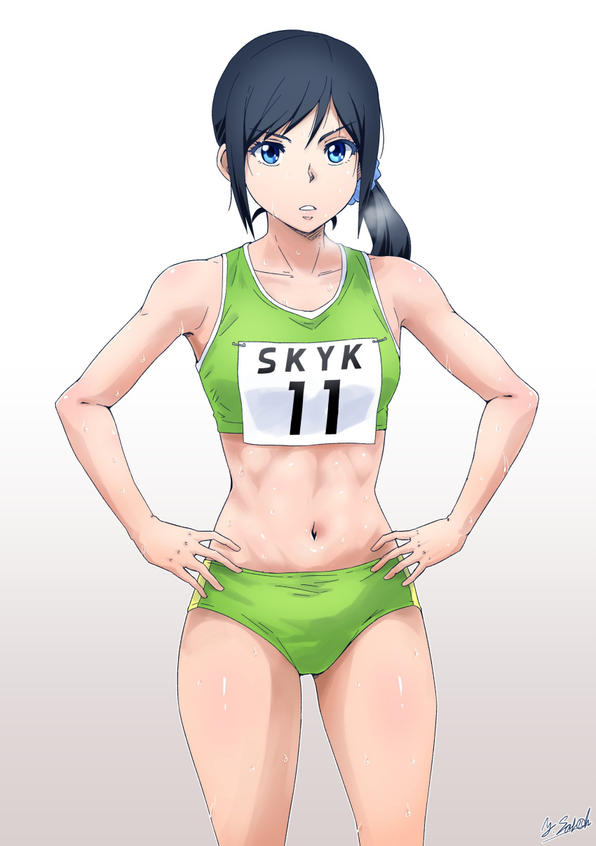 1girl absurdres bikini black_hair blue_eyes blue_scrunchie breathing green_bikini hand_on_hip highres original ponytail satou_yasu scrunchie signature sports_bikini sweat swimsuit toned track_and_field track_uniform