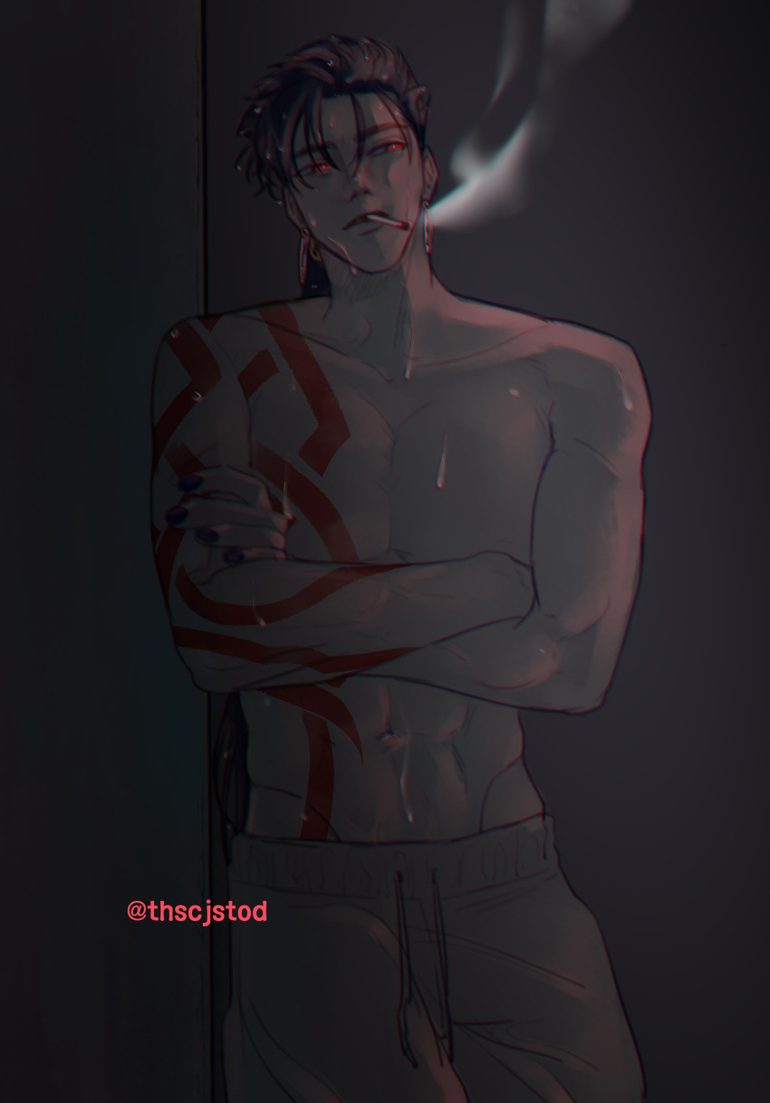 1boy abs absurdres blue_hair bodypaint bright_pupils cigarette crossed_arms cu_chulainn_(fate)_(all) earrings fate/stay_night fate_(series) groin highres jewelry lancer long_hair looking_to_the_side male_focus muscle nail_polish navel open_mouth ponytail red_eyes shirtless smoking solo spiky_hair tensei_(thscjstod) twitter_username type-moon wet wet_hair white_pupils