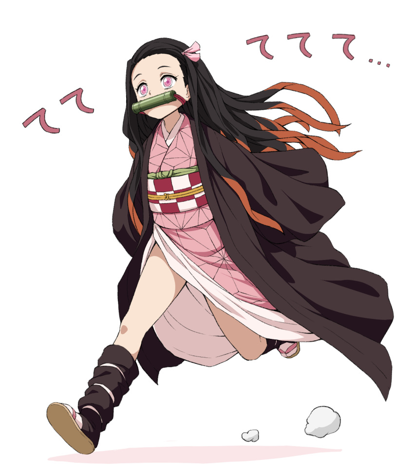 1girl asa_no_ha_(pattern) asanaya bamboo bit_gag black_hair black_haori black_legwear brown_footwear checkered_obi commentary forehead full_body gag gradient_hair hair_ribbon hairband haori highres japanese_clothes kamado_nezuko kimetsu_no_yaiba kimono leg_wrap long_sleeves looking_to_the_side mouth_hold multicolored_hair pink_eyes pink_kimono pink_ribbon red_hairband ribbon running sandals shadow solo tabi translated white_background white_legwear wide_sleeves