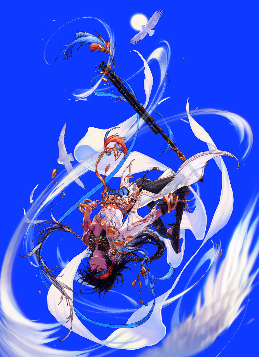 1boy absurdres artist_request bird black_hair black_pants blue_background braid dungeon_and_fighter feathers floating flying headband highres long_hair looking_at_viewer male_mage_(dungeon_and_fighter) official_art pants pointy_ears solo staff sun swift_master_(dungeon_and_fighter) upside-down