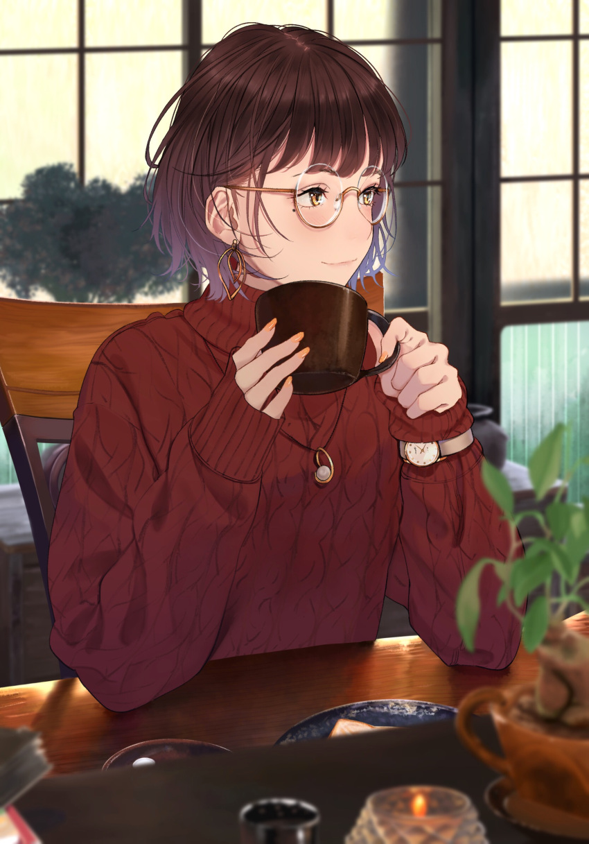 1girl blue_hair blurry brown_hair cup depth_of_field earrings glasses highres jewelry looking_to_the_side mole mole_under_eye mug multicolored_hair nail_polish necklace original round_eyewear saitou_(lynx-shrike) short_hair sitting sleeves_past_wrists solo sweater turtleneck turtleneck_sweater two-tone_hair upper_body watch watch yellow_eyes