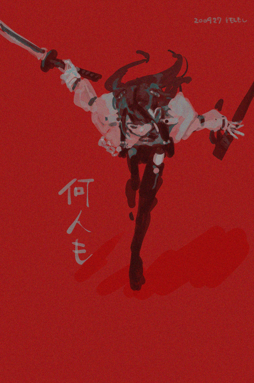 1girl closed_eyes dated film_grain greyscale hair_over_one_eye highres holding holding_sheath holding_sword holding_weapon katana long_hair monochrome original red_background scabbard sheath signature sketch solo somosimosi spot_color sword unsheathed weapon