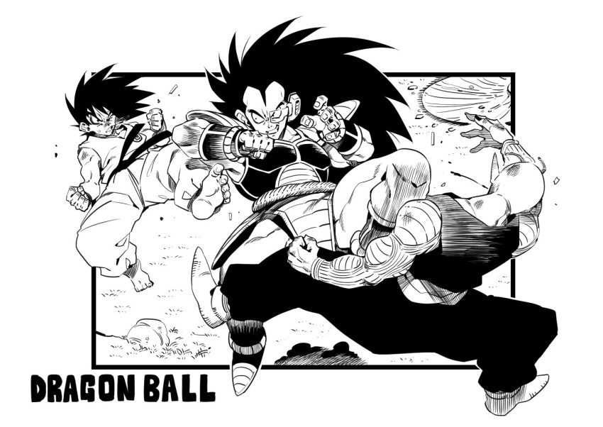 3boys dougi dragon_ball dragon_ball_z fighting greyscale male_focus monochrome multiple_boys muscle piccolo pointy_ears raditz saiyan_armor scouter siblings smile son_goku spiky_hair tukiwani