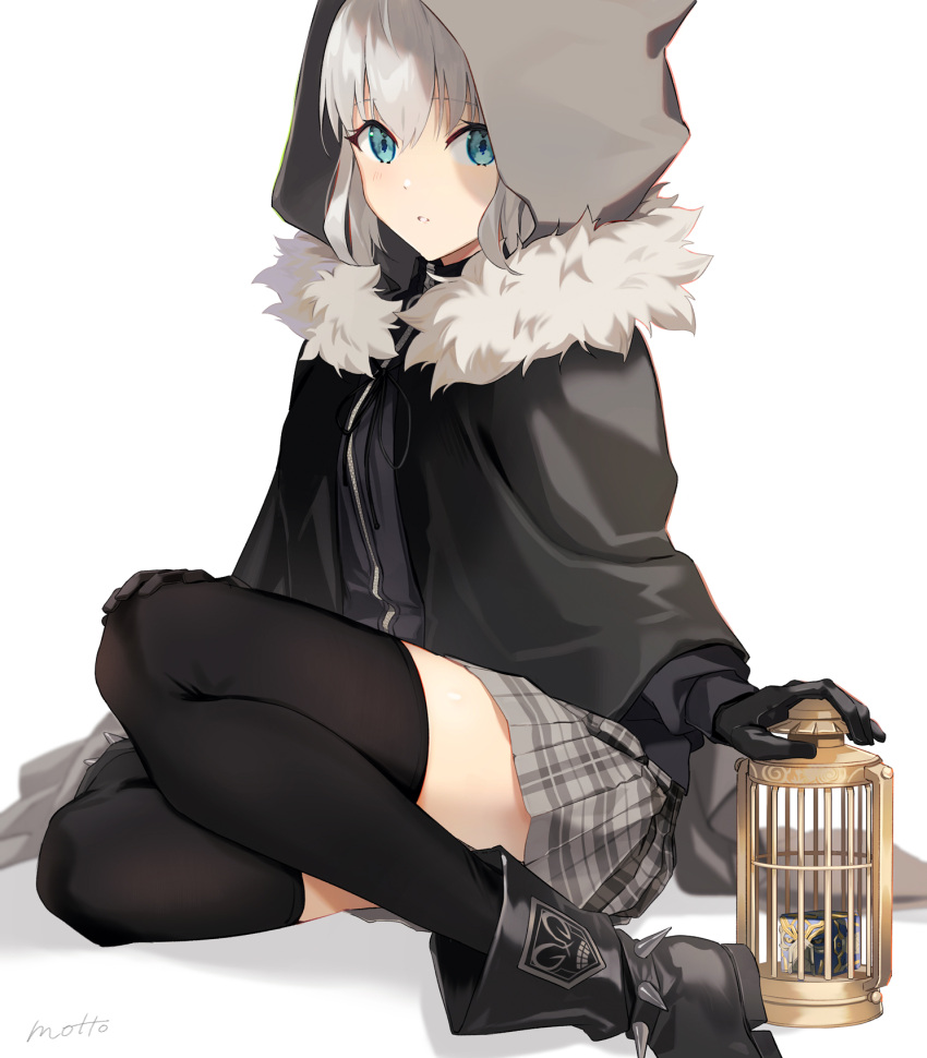 1girl add_(lord_el-melloi_ii) aqua_eyes birdcage black_cloak black_gloves black_ribbon blush cage cloak commentary_request creature cube eyebrows_visible_through_hair fate_(series) fur-trimmed_cloak fur_trim gloves gray_(lord_el-melloi_ii) grey_hair grey_skirt hair_between_eyes highres holding holding_cage hood hood_up hooded_cloak lord_el-melloi_ii_case_files miniskirt mocha_(mokaapolka) parted_lips ribbon short_hair signature simple_background sitting skirt teeth thigh-highs thighs white_background