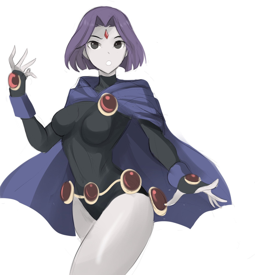 1girl black_eyes black_leotard blue_cape breasts breasts_apart cape cowboy_shot english_commentary fingerless_gloves gloves hand_up highres leotard medium_breasts parted_lips purple_hair rakeem_garcia-cueto raven_(dc) short_hair simple_background solo teen_titans white_background