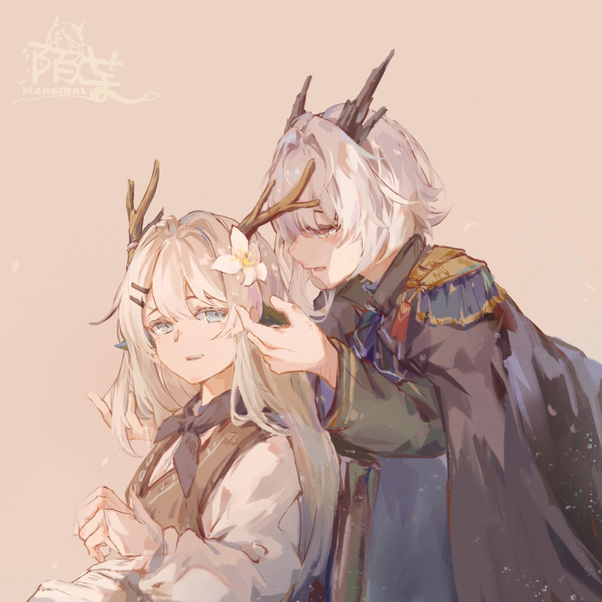 2girls alina_(arknights) antlers arknights artist_name black_cloak blonde_hair blue_eyes bow bowtie brown_background brown_vest chinese_commentary cloak dragon_horns flower hair_flower hair_intakes hair_ornament highres horns light_brown_background long_hair long_sleeves looking_at_another looking_at_viewer moyu_marginal multiple_girls open_mouth shirt short_hair simple_background spoilers talulah_(arknights) vest white_hair white_shirt yellow_eyes yuri