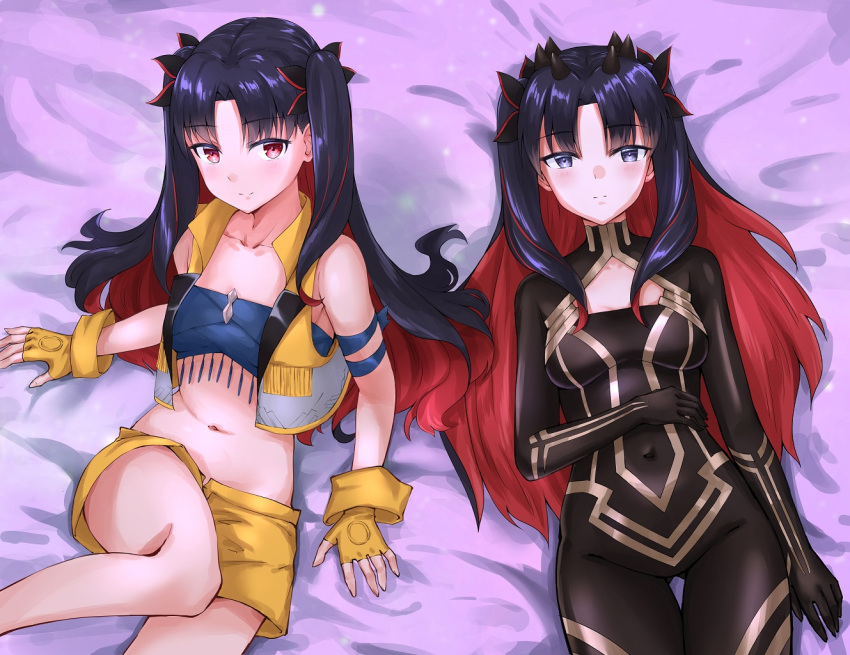 2girls bangs black_bodysuit black_hair black_ribbon blue_bandeau blush bodysuit breasts collarbone covered_navel cropped_vest dual_persona eyebrows_visible_through_hair fate/grand_order fate_(series) fingerless_gloves gloves hair_ribbon ishtar_(fate)_(all) looking_at_viewer lying maki_(pixiv9288678) midriff multicolored_hair multiple_girls navel on_back parted_bangs redhead ribbon shorts small_breasts space_ishtar_(fate) two-tone_hair two_side_up vest yellow_gloves yellow_shorts yellow_vest