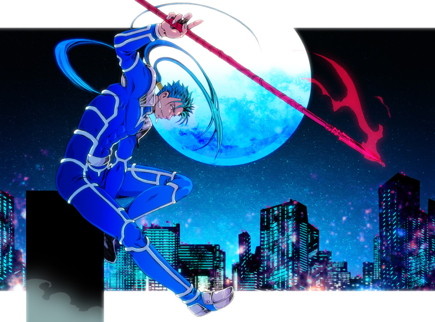 1boy abs armor beads blue_hair bodysuit charatei city_lights cityscape closed_mouth cu_chulainn_(fate)_(all) earrings fang fate/stay_night fate_(series) from_side full_body full_moon gae_bolg grin hair_beads hair_ornament highres holding holding_polearm holding_weapon jewelry jumping lancer long_hair male_focus moon muscle night night_sky outdoors pauldrons polearm ponytail red_eyes shoulder_armor skin_tight sky smile solo spiky_hair type-moon weapon