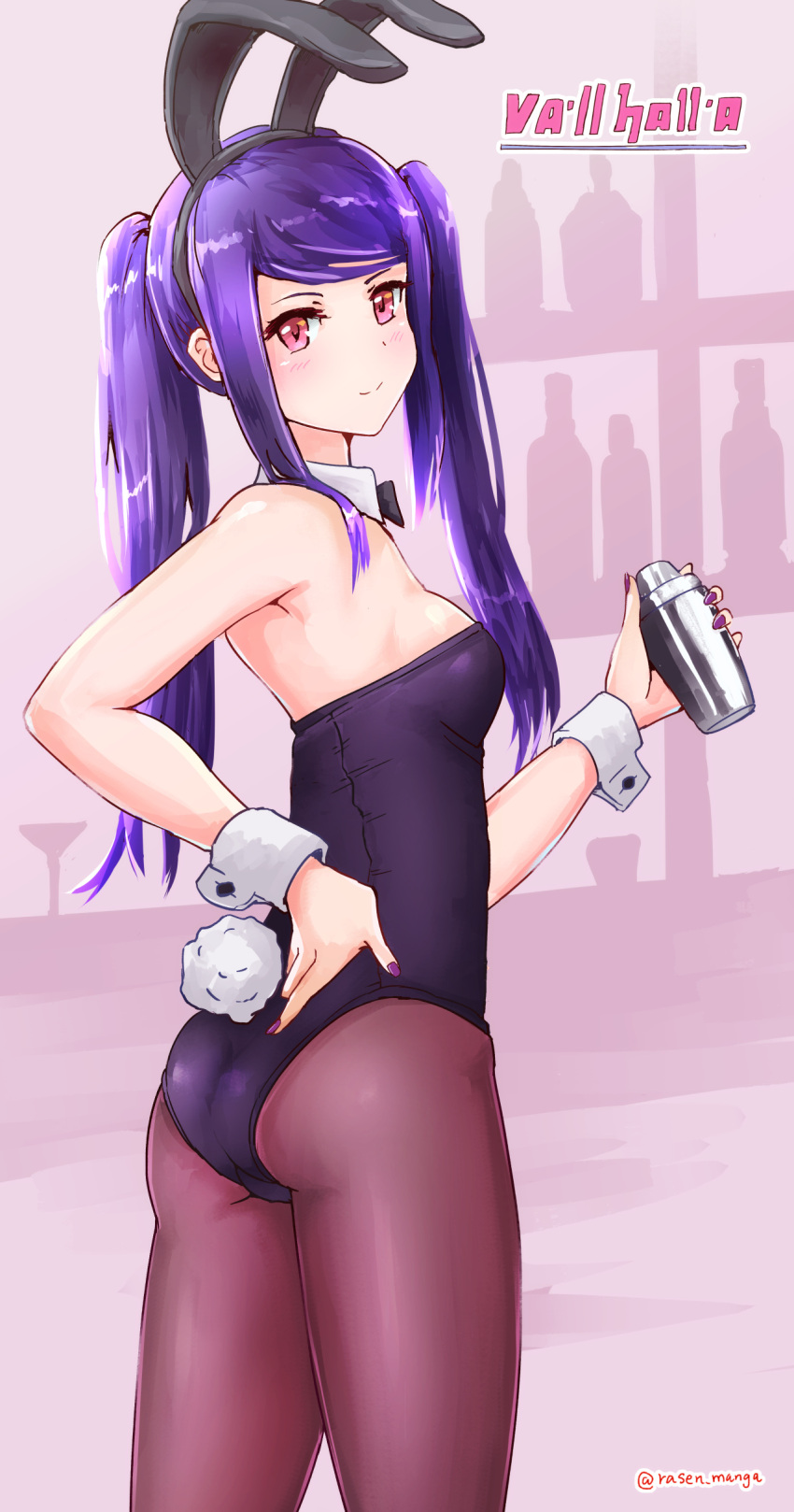 1girl absurdres animal_ears ass barefoot bartender black_legwear black_leotard black_neckwear breasts bunny_tail cocktail_shaker copyright_name detached_collar highres jill_stingray leotard long_hair looking_at_viewer pantyhose playboy_bunny purple_hair rabbit_ears rasen_manga red_eyes small_breasts solo standing tail twintails va-11_hall-a wrist_cuffs