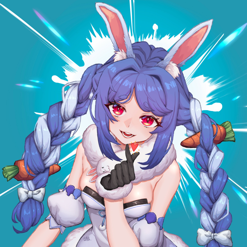 1girl :d absurdres animal_ear_fluff animal_ears aoaoaoao_(baiyanheibing) bangs bare_shoulders black_gloves blue_background blue_hair braid breasts carrot_hair_ornament detached_sleeves eyebrows_visible_through_hair eyelashes food_themed_hair_ornament gloves hair_intakes hair_ornament hand_up heart highres hololive index_finger_raised long_hair multicolored_hair open_mouth puffy_short_sleeves puffy_sleeves rabbit_ears red_eyes revision scarf short_sleeves sidelocks small_breasts smile solo strapless twin_braids twintails upper_body usada_pekora white_scarf