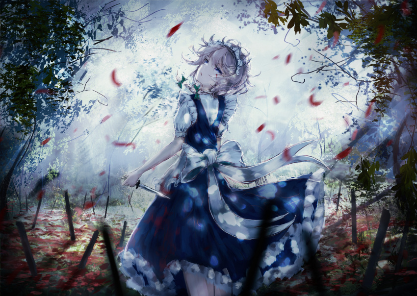 1girl apron blood bloody_tears blue_eyes blue_skirt blue_vest blurry blurry_background blurry_foreground braid commentary dappled_moonlight feet_out_of_frame fog forest highres holding holding_knife izayoi_sakuya knife leaning_back looking_up maid_headdress moonbeam moonlight nature night outdoors parted_lips petals petticoat puffy_short_sleeves puffy_sleeves reverse_grip shirt short_hair short_sleeves silver_hair skirt solo standing tonan_(l0l0l0l0l0l) touhou twin_braids vest waist_apron white_shirt wind wind_lift