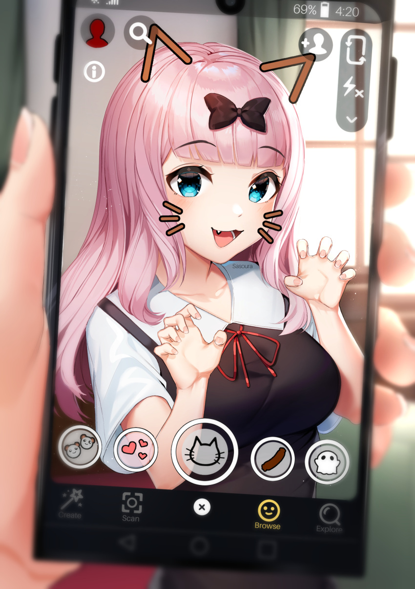 1girl :d absurdres artist_name bangs black_bow blue_eyes blunt_bangs blurry blurry_background bow breasts cellphone claw_pose collarbone commentary depth_of_field drawn_ears drawn_whiskers face_filter fang fujiwara_chika hair_bow highres holding holding_phone kaguya-sama_wa_kokurasetai_~tensai-tachi_no_renai_zunousen~ large_breasts long_hair looking_at_viewer open_mouth phone pink_hair pov sasoura school_uniform short_sleeves shuuchiin_academy_uniform smartphone smile solo_focus upper_body