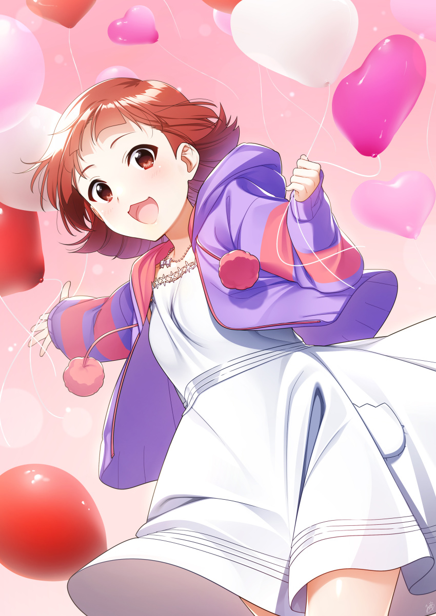 1girl :3 :d absurdres balloon bangs blunt_bangs commentary_request cowboy_shot dress glint gradient gradient_background hands_up heart_balloon highres holding holding_balloon hood hood_down hooded_jacket idolmaster idolmaster_million_live! jacket jewelry light_blush long_sleeves looking_at_viewer mikapoe necklace nonohara_akane open_clothes open_jacket open_mouth outstretched_arm pink_background pom_pom_(clothes) purple_jacket red_eyes redhead shiny shiny_hair short_hair sleeves_past_wrists smile solo standing striped striped_jacket white_dress