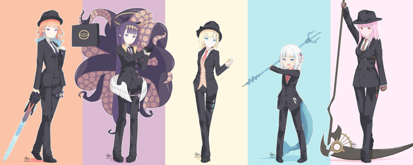 5girls alternate_costume black_gloves blonde_hair blue_eyes blue_hair blue_neckwear breasts brown_gloves brown_neckwear english_commentary fedora fish_tail flat_chest formal gawr_gura gloves gradient_hair hair_ornament hand_on_own_chest hat highres holding holding_scythe holding_sword holding_weapon hololive hololive_english holomyth long_hair looking_at_viewer medium_breasts mini_wings mori_calliope multicolored_hair multiple_girls namii_(namialus_m) necktie ninomae_ina'nis open_mouth orange_hair pink_hair polearm purple_hair purple_neckwear red_eyes red_neckwear scythe shark_tail signature small_breasts streaked_hair suit sword tail takanashi_kiara tentacle_hair tentacles thigh_strap trident two_side_up very_long_hair violet_eyes virtual_youtuber watson_amelia weapon white_hair