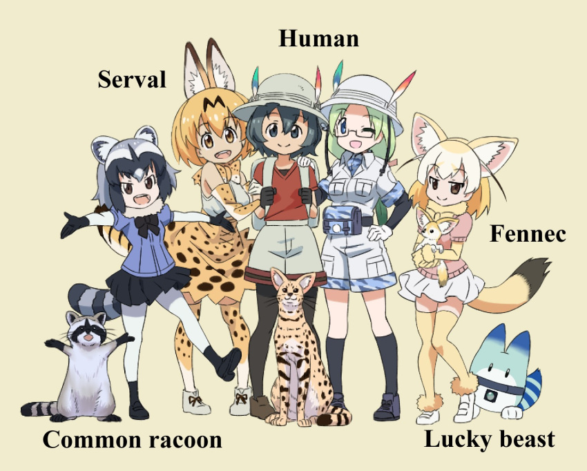;d animal animal_ear_fluff animal_ears arm_grab backpack bag bangs black-framed_eyewear black_eyes black_footwear black_gloves black_hair black_legwear black_skirt blonde_hair blue_eyes blue_shirt bow bowtie brown_eyes brown_footwear character_name closed_mouth commentary_request common_raccoon_(kemono_friends) elbow_gloves english_text fennec_(kemono_friends) fennec_fox fox_ears fox_tail gloves green_hair grey_hair grey_headwear grey_shorts hair_ribbon hand_on_another's_shoulder hand_on_hip hat_feather helmet highres holding holding_animal kaban_(kemono_friends) kemono_friends legwear_under_shorts long_hair looking_at_viewer low-tied_long_hair lucky_beast_(kemono_friends) miniskirt mirai_(kemono_friends) namesake one_eye_closed open_mouth pantyhose pink_ribbon pink_shirt pith_helmet pleated_skirt print_gloves print_legwear print_neckwear raccoon raccoon_ears raccoon_tail red_shirt ribbon semi-rimless_eyewear serval serval_(kemono_friends) serval_ears serval_print serval_tail shirt shoes short_hair short_jumpsuit short_sleeves shorts simple_background skirt smile standing standing_on_one_leg striped_tail tail thigh-highs under-rim_eyewear white_footwear white_gloves white_headwear white_legwear white_skirt yamaguchi_yoshimi yellow_background yellow_eyes yellow_gloves yellow_legwear yellow_neckwear