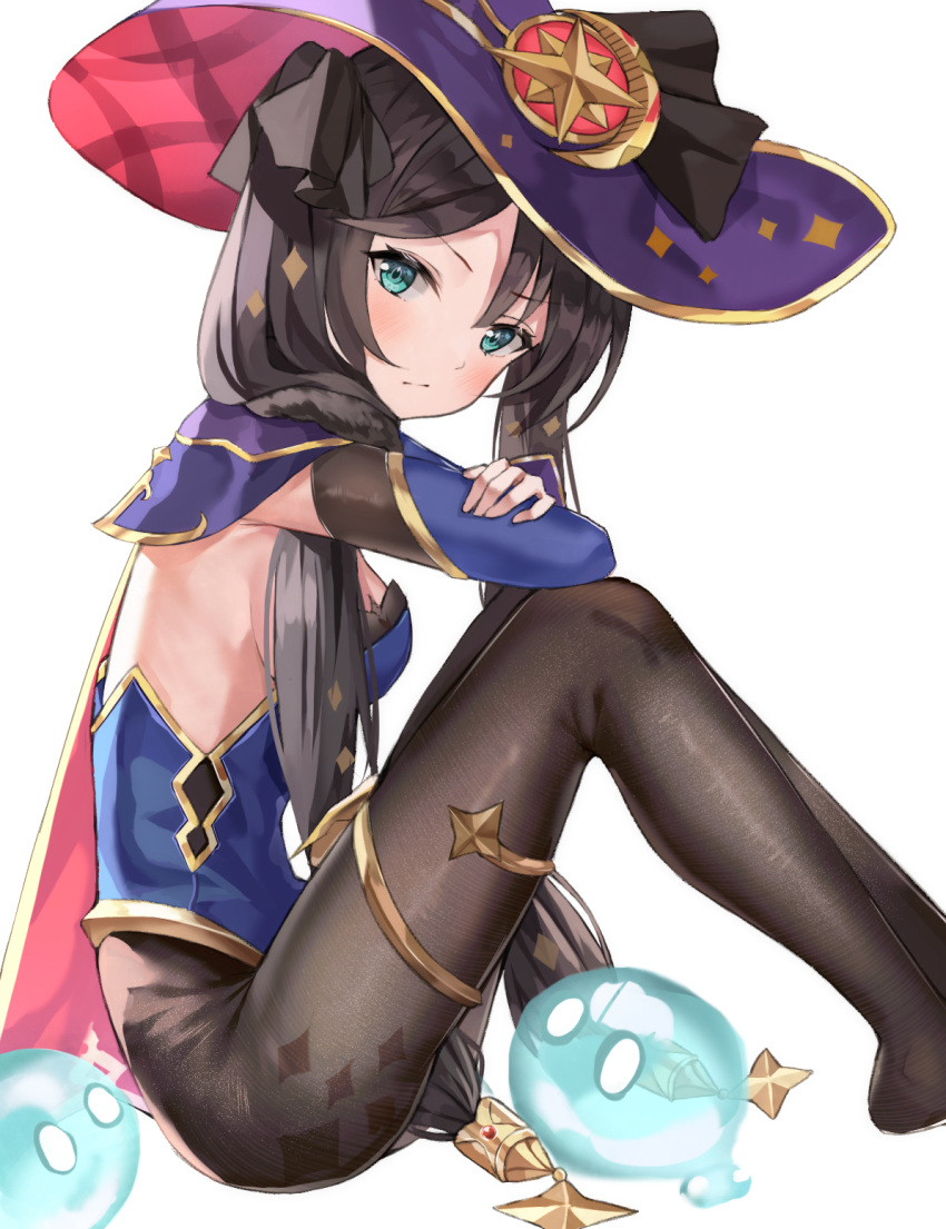1girl aqua_eyes armpits black_hair black_legwear blue_leotard breasts cape closed_mouth detached_sleeves from_side genshin_impact gold_trim hair_ribbon hat highleg highleg_leotard highres knees_up leotard long_hair long_sleeves looking_at_viewer looking_to_the_side lotpi mona_(genshin_impact) no_shoes pantyhose purple_headwear ribbon simple_background sitting slime small_breasts solo strapless strapless_leotard twintails very_long_hair white_background witch_hat