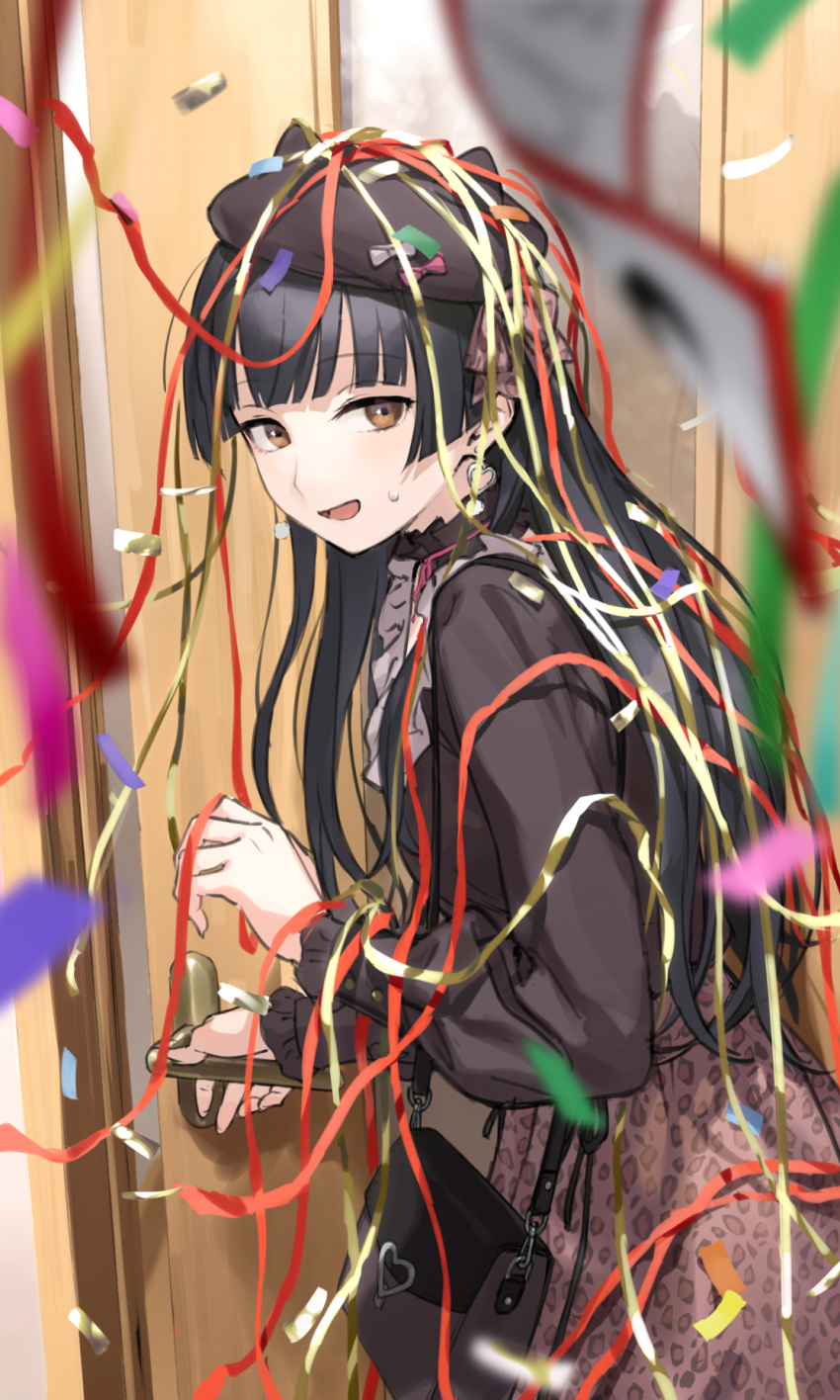 1girl :d bag black_hair brown_eyes brown_headwear brown_shirt brown_skirt confetti earrings eyebrows_visible_through_hair heart heart_earrings highres idolmaster idolmaster_shiny_colors indoors jewelry long_hair long_sleeves looking_at_viewer looking_to_the_side mayuzumi_fuyuko open_mouth shiragixx shirt shoulder_bag skirt smile solo sweatdrop