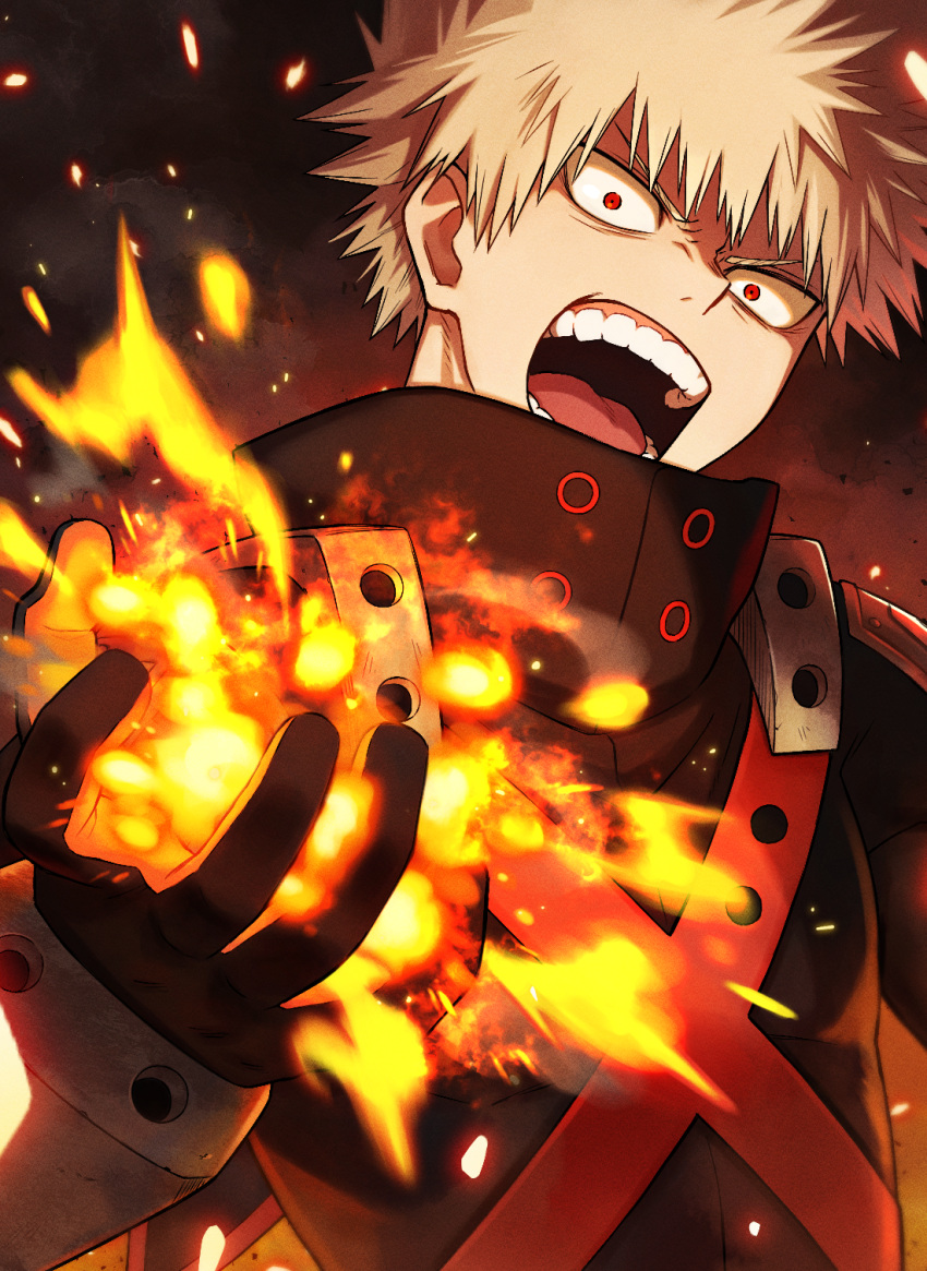 1boy angry bakugou_katsuki bangs black_gloves black_jacket blonde_hair boku_no_hero_academia commentary_request embers explosion furrowed_eyebrows gloves hand_up high_collar highres jacket looking_at_viewer male_focus open_mouth red_eyes short_hair solo spiky_hair teeth upper_body v-shaped_eyebrows yuko666