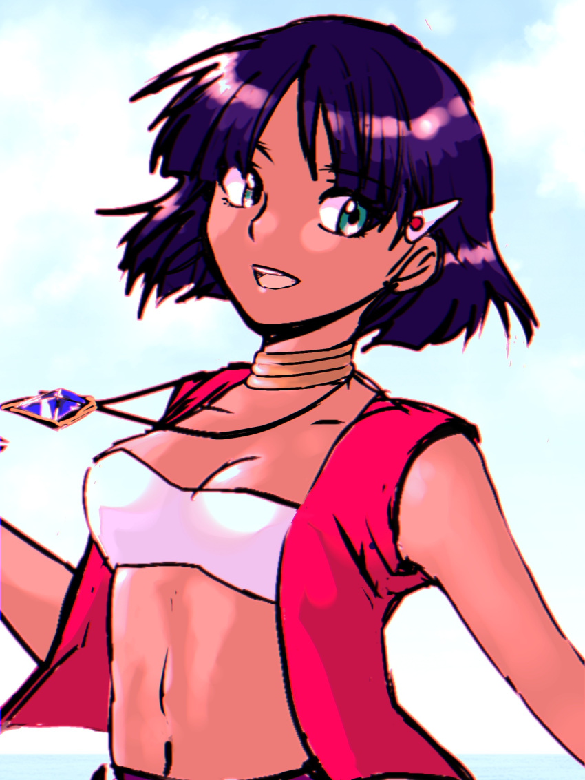 1girl :d bandeau bangs bare_shoulders bob_cut breasts clouds commentary dark_skin fushigi_no_umi_no_nadia gem green_eyes hair_ornament hairclip highres jewelry looking_at_viewer midriff monji_(user_gwha3724) nadia navel neck_ring necklace ocean open_mouth purple_hair red_vest short_hair sky small_breasts smile solo vest white_bandeau