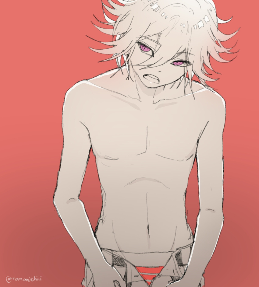 1boy artist_name bangs bun_nanami collarbone commentary cowboy_shot dangan_ronpa english_commentary hair_between_eyes highres limited_palette looking_at_viewer male_focus male_underwear navel new_dangan_ronpa_v3 no_nipples open_mouth open_pants ouma_kokichi pants red_background shiny shiny_hair shirtless short_hair simple_background solo underwear upper_teeth violet_eyes