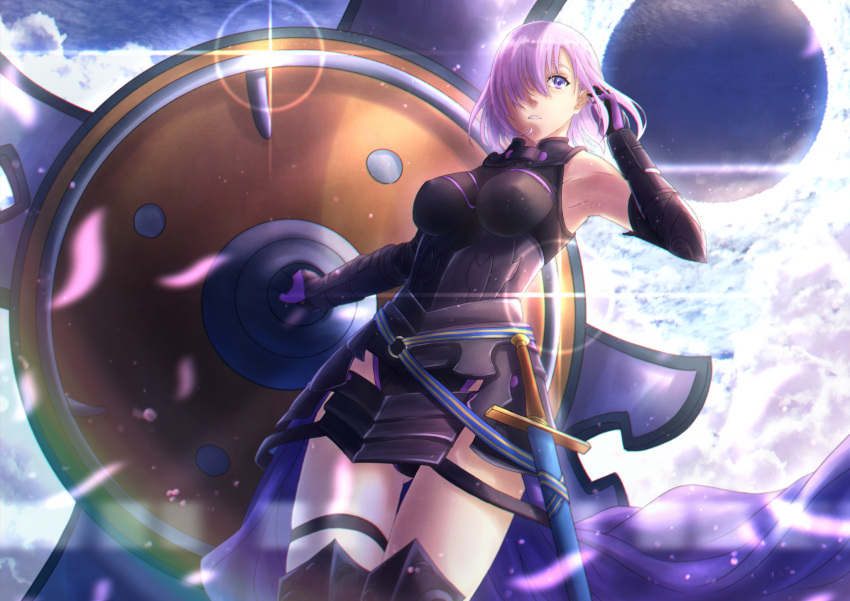 1girl armor armored_dress armpits ass_visible_through_thighs bodysuit breasts covered_nipples dutch_angle elbow_gloves fate/grand_order fate_(series) from_below gloves hair_over_one_eye highres mash_kyrielight mitarashi_(5333069) petals sheath sheathed shield short-haired_girl_(osomatsu-san) singularity solo sword thigh-highs thighs weapon