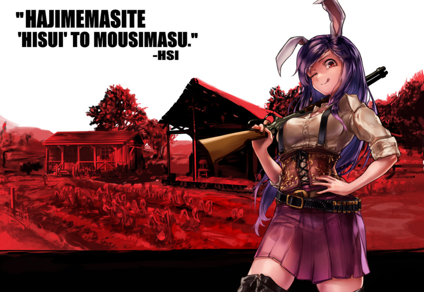 6+girls :p alternate_costume ammunition animal_ears belt black_belt black_footwear boots breasts bunny_girl chair collared_shirt commentary_request cookie_(touhou) corset cowboy_shot cross-laced_clothes crossover day farm gun hand_on_hip hisui_(cookie) long_hair looking_at_viewer medium_breasts megafaiarou_(talonflame_810) metal_hisui_(cookie) multiple_girls one_eye_closed outdoors porch purple_hair purple_skirt rabbit_ears red_dead_redemption red_eyes red_theme reisen_udongein_inaba rifle romaji_text shack shirt short_sleeves skirt sleeves_rolled_up solo_focus suspenders tongue tongue_out touhou translation_request tree weapon white_shirt wing_collar