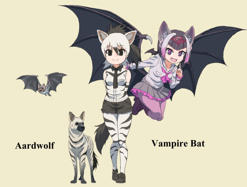 2girls aardwolf_(kemono_friends) aardwolf_ears aardwolf_print aardwolf_tail animal_ears arms_behind_head bangs bat bat_ears bat_wings black_eyes black_footwear black_hair black_neckwear black_shorts black_wings blouse blunt_bangs boots character_name collared_shirt commentary_request common_vampire_bat_(kemono_friends) cutoffs elbow_gloves english_text eyebrows_visible_through_hair fangs flying frilled_skirt frills gloves grey_blouse grey_skirt head_wings highres kemono_friends legwear_under_shorts long_sleeves looking_at_viewer medium_hair miniskirt multicolored_hair multiple_girls namesake necktie open_mouth pantyhose ponytail print_gloves print_legwear print_shirt purple_neckwear shirt short_hair short_shorts shorts simple_background skirt sleeveless sleeveless_shirt smile standing two-tone_hair vampire_bat violet_eyes white_gloves white_hair white_legwear white_shirt wings yamaguchi_yoshimi yellow_background