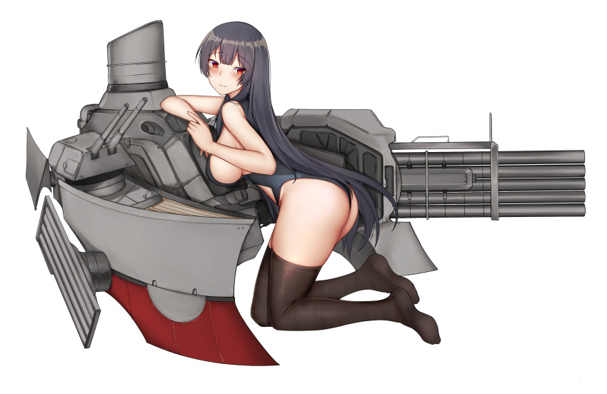 1girl absurdres alternate_costume ass black_hair black_legwear breasts competition_swimsuit groin highres hip_focus isokaze_(kantai_collection) kantai_collection kitsune_udon_(ai_br) kneehighs large_breasts long_hair looking_at_viewer machinery one-piece_swimsuit red_eyes sideboob smile swimsuit torpedo torpedo_launcher torpedo_tubes turret