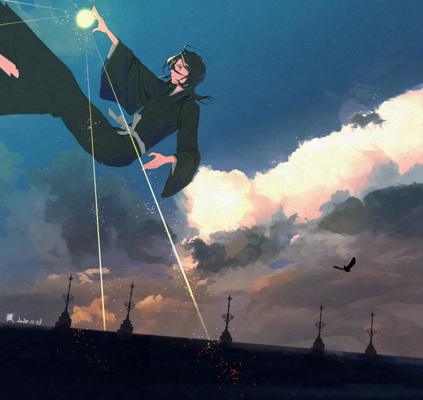 1girl absurdres black_hair bleach clouds cloudy_sky highres huge_filesize japanese_clothes kimono kuchiki_rukia short_hair sky user_hjas5822