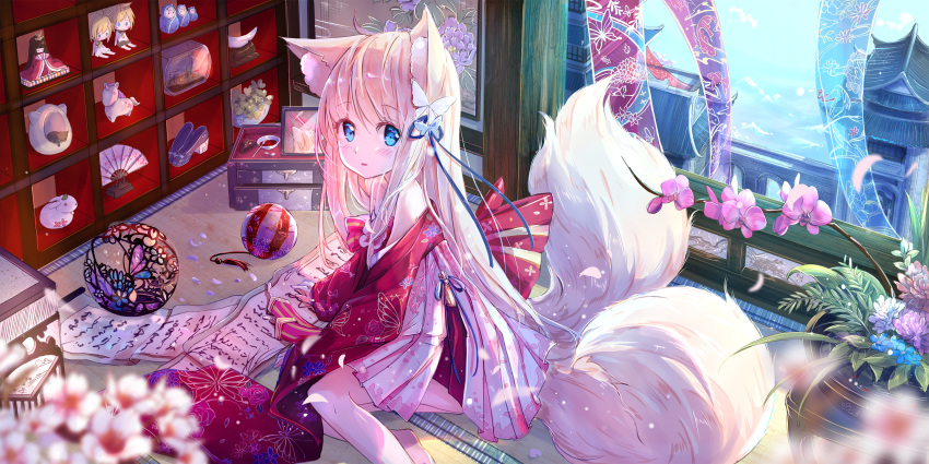 1girl animal_ear_fluff animal_ears ball bangs bare_shoulders barefoot blonde_hair blue_eyes blue_ribbon blurry blurry_foreground blush butterfly_hair_ornament character_doll commentary_request day depth_of_field eyebrows_visible_through_hair feet_out_of_frame flower hair_between_eyes hair_ornament hair_ribbon highres kagamine_len kagamine_rin long_hair long_sleeves looking_at_viewer multiple_tails off_shoulder on_floor original parted_lips peas_(peas0125) pink_flower ribbon sleeves_past_wrists smile solo tail two_tails very_long_hair vocaloid white_flower window