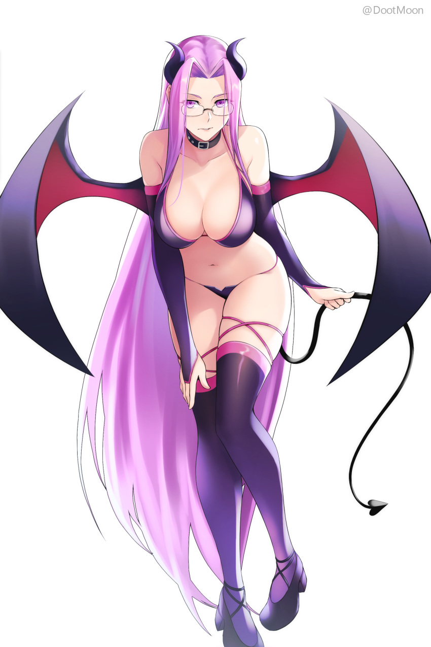 1girl absurdres alternate_costume black_footwear black_gloves black_legwear bridal_gauntlets commission demon_girl demon_horns demon_tail demon_wings dootmoon elbow_gloves fate/stay_night fate_(series) gloves gradient gradient_gloves gradient_legwear high_heels highres horns long_hair navel purple_gloves purple_hair purple_legwear rider solo square_pupils succubus tail thigh-highs very_long_hair violet_eyes wings