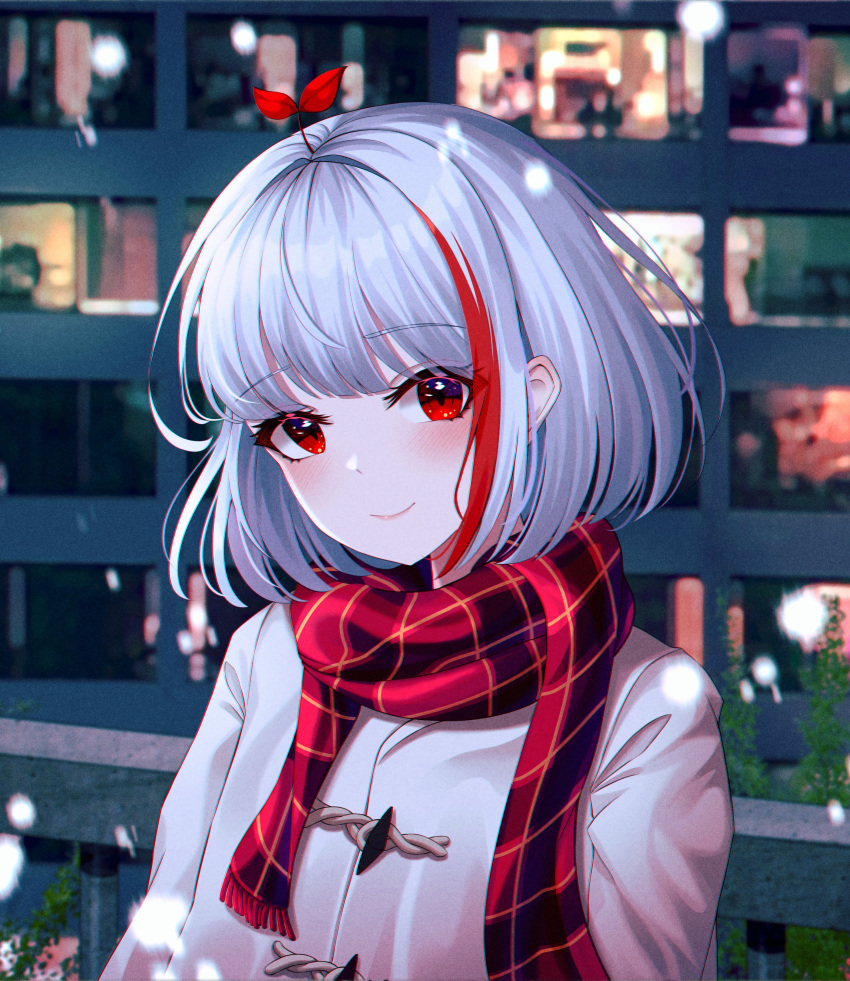 1girl absurdres arknights blush closed_mouth coat eyebrows_visible_through_hair highres looking_at_viewer multicolored_hair night outdoors red_scarf redhead ryon_y0421 scarf short_hair silver_hair smile snow snowing solo two-tone_hair upper_body w_(arknights) white_coat