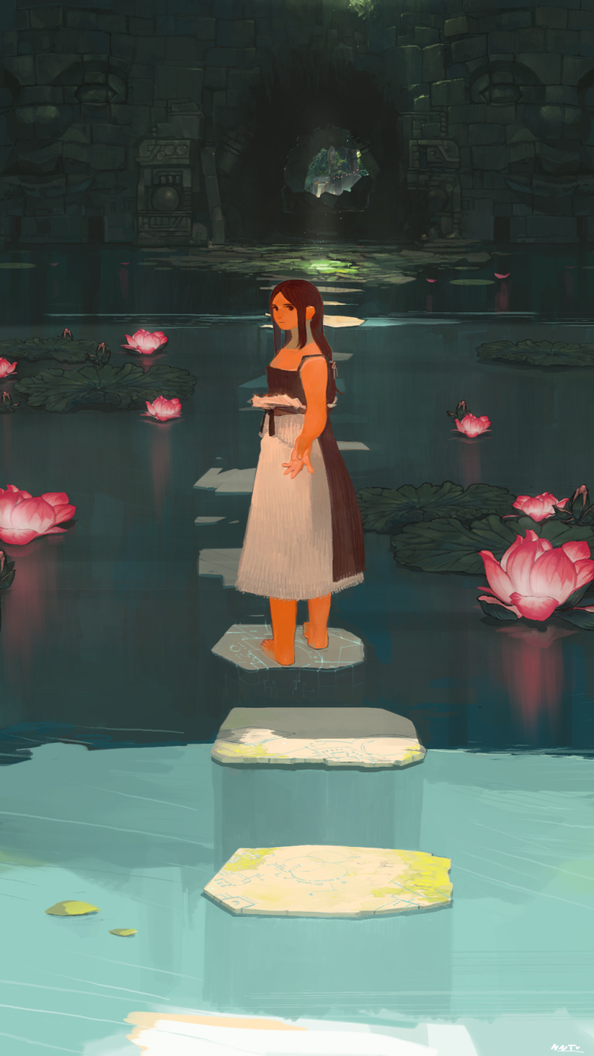 1girl bare_shoulders barefoot brown_dress brown_eyes brown_hair cave closed_mouth cove dress flower highres light long_hair looking_at_viewer nanora original pink_flower plant sidelocks signature sleeveless sleeveless_dress solo standing water wide_shot