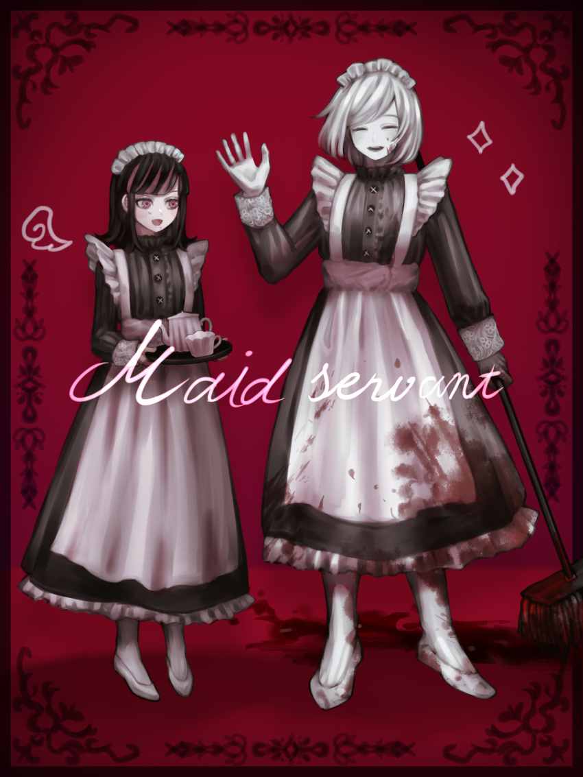 1boy 1girl :d :o akudama_drive alternate_costume apron black_dress black_hair blood blood_on_face bloody_clothes closed_eyes cup cutthroat_(akudama_drive) dress enmaided highres holding holding_mop holding_tray maid maid_apron maid_headdress mop multicolored_hair nemuritaa open_mouth pale_skin pink_eyes red_background simple_background smile standing sweat swindler_(akudama_drive) teacup teapot tray two-tone_hair waving white_footwear white_hair white_legwear