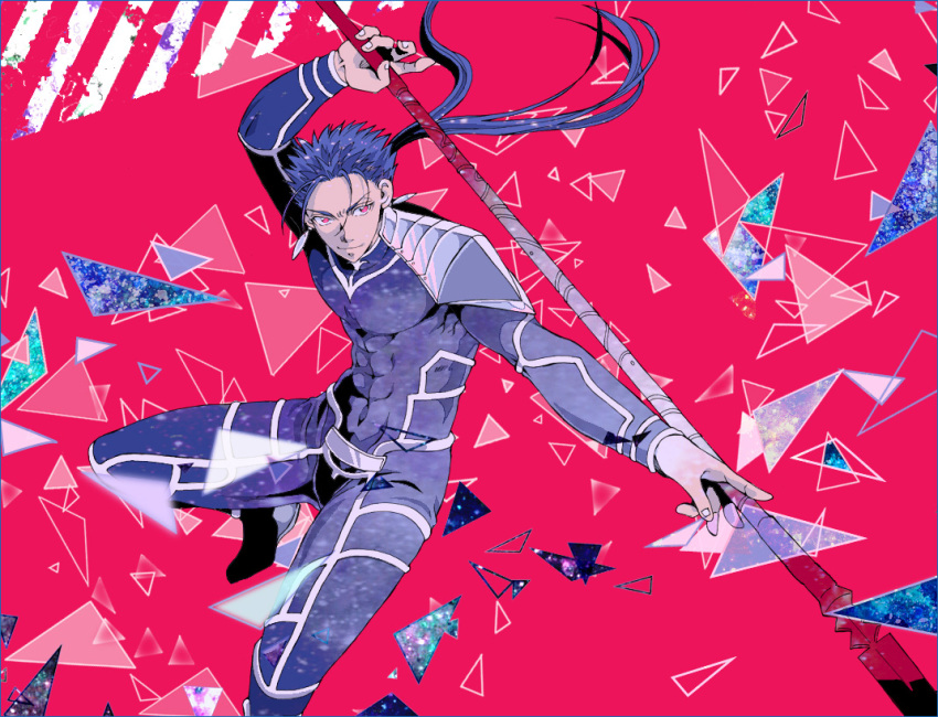 1boy abs armor blue_hair bodysuit charatei closed_mouth cu_chulainn_(fate)_(all) earrings fate/stay_night fate_(series) gae_bolg grin holding holding_polearm holding_weapon jewelry lancer long_hair male_focus pauldrons polearm ponytail red_eyes shoulder_armor skin_tight smile solo spiky_hair type-moon weapon
