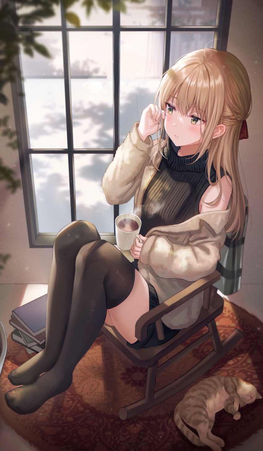 1girl absurdres ahoge bangs black_legwear blonde_hair blush book book_stack braid brown_jacket cat chair closed_mouth coffee_mug commentary_request cup eyebrows_visible_through_hair green_eyes hair_ribbon hand_up highres holding huge_filesize indoors jacket long_hair long_sleeves looking_at_viewer mug no_shoes off_shoulder original red_ribbon ribbon sitting sleeveless sleeveless_turtleneck solo steam striped striped_sweater sweater thigh-highs tokkyu turtleneck turtleneck_sweater window wooden_chair zettai_ryouiki
