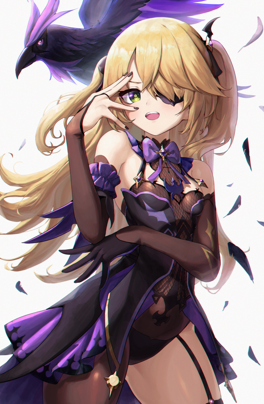 1girl :d absurdres animal bare_shoulders black_gloves black_legwear black_nails blush breasts dress eyebrows_visible_through_hair eyepatch feathers fischl_(genshin_impact) garter_straps genshin_impact gloves green_eyes highres long_hair looking_at_viewer open_mouth oz_(genshin_impact) pellas_(panix2383) simple_background small_breasts smile solo teeth thigh-highs two_side_up white_background