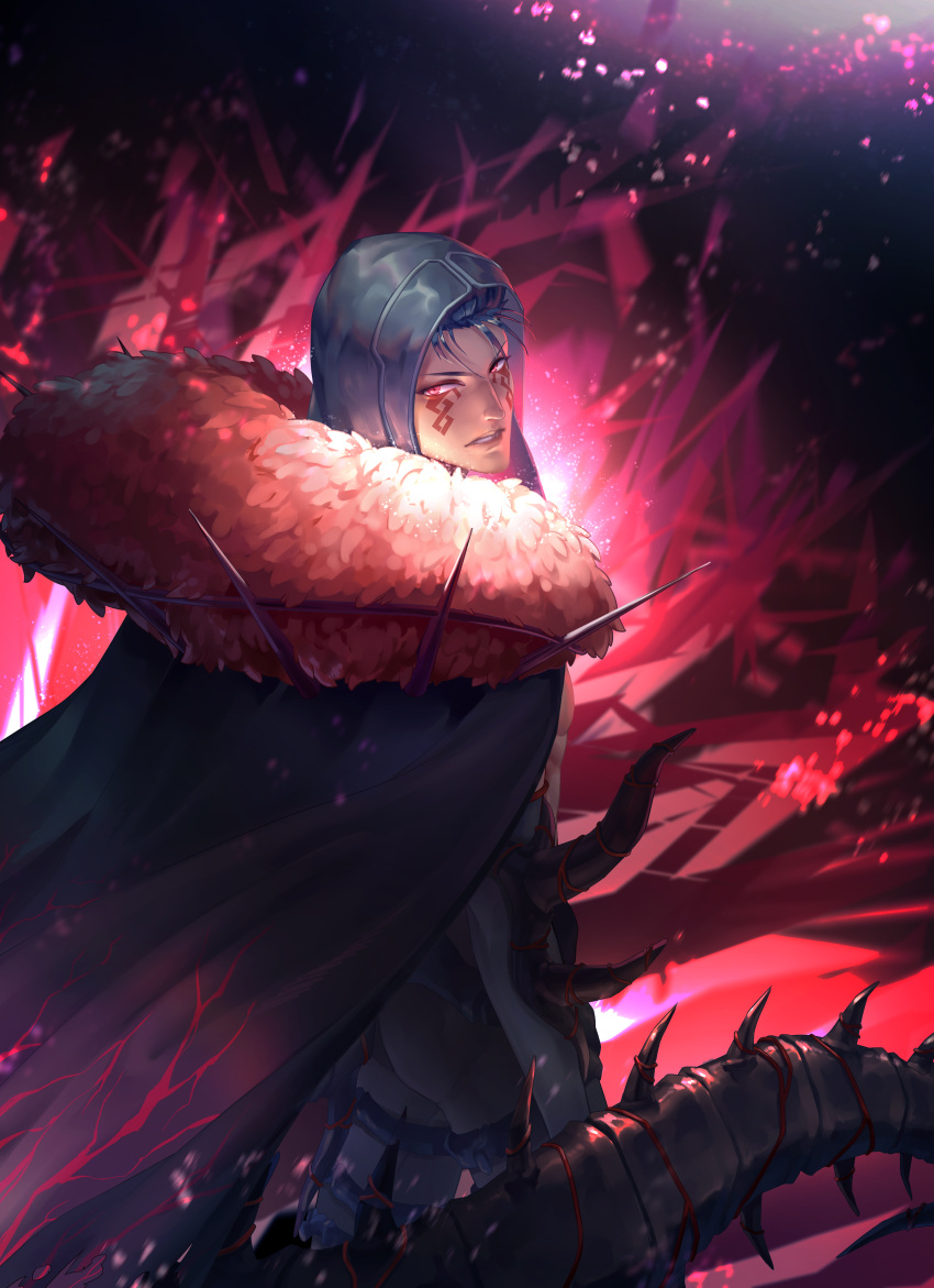 1boy absurdres ass cape cu_chulainn_(fate)_(all) cu_chulainn_alter_(fate/grand_order) dark_blue_hair dark_persona facepaint fate/grand_order fate_(series) from_side fur highres hood hood_up looking_at_viewer male_focus monster_boy pants red_eyes skin_tight slit_pupils solo spikes tail type-moon wumang_xing