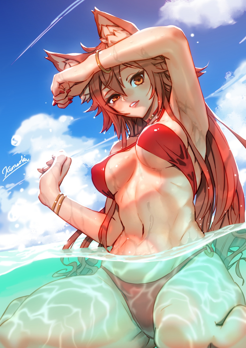 1girl animal_ears arm_up armpits bangle bikini blue_sky bracelet breasts clouds commentary_request commission condensation_trail day hair_between_eyes halterneck highres jewelry kio_naoki long_hair medium_breasts nail_polish navel o-ring o-ring_bikini o-ring_bottom orange_eyes original outdoors parted_lips partially_submerged red_bikini redhead sitting skeb_commission sky solo swimsuit tail wariza water wet