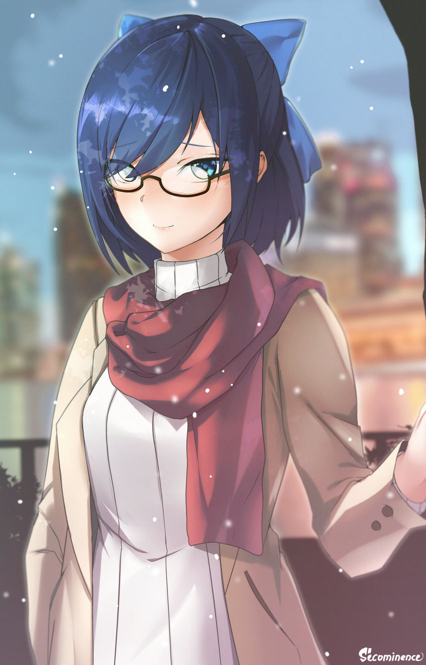 1girl 2ndeminence absurdres arm_up artist_name bangs blue_eyes blue_hair blurry blurry_background bow brown_coat cityscape coat commentary cowboy_shot day glasses hair_bow highres hololive looking_at_viewer open_clothes open_coat outdoors red_scarf scarf semi-rimless_eyewear short_hair smile solo standing sweater swept_bangs turtleneck turtleneck_sweater under-rim_eyewear white_sweater yuujin_a_(hololive)