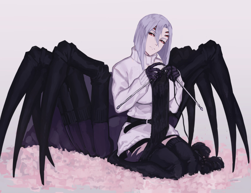 1girl arachne bangs belt black_legwear breasts commentary dress extra_eyes full_body grey_background grey_hair hair_between_eyes head_tilt insect_girl knitting knitting_needle large_breasts long_sleeves looking_at_viewer medium_hair monster_girl monster_musume_no_iru_nichijou needle rachnera_arachnera red_eyes simple_background sitting sleeves_past_wrists solo spider_girl sweater sweater_dress thigh-highs turtleneck turtleneck_sweater white_background white_sweater yarn yarn_ball zakirsiz